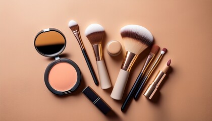 flat lay of professional makeup products and brushes on a beige background representing beauty cosmetics and skincare branding with elegant simplicity