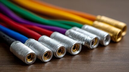 Close up of colorful color coded cable ends with metallic connectors on a wooden background