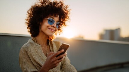 Basking in the golden glow of sunset, a lively young woman with an afro hairstyle smiles as she looks at her phone. The urban skyline adds to the enchanting atmosphere