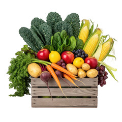 Fresh produce assortment in wooden crate isolated on transparent background