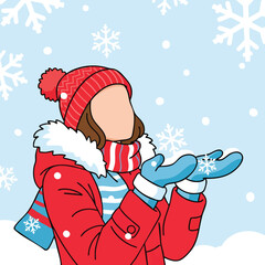 A person in winter attire enjoying a gentle snowfall with snowflakes adorning the blue sky