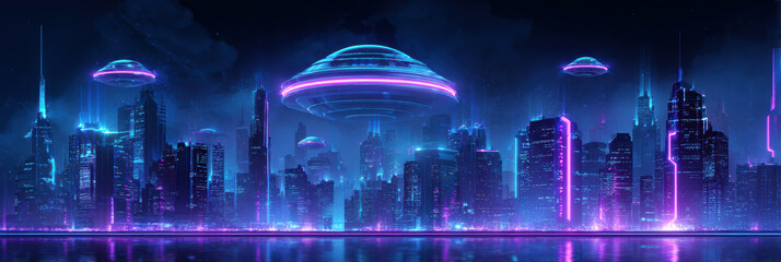 Mysterious futuristic cityscape at night with glowing neon light. future technology of city buildings and architecture creates an awe inspiring and vibrant urban landscape