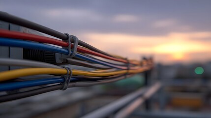 Organized color coded cables are fixed on outdoor infrastructure against a vibrant sunset sky showcasing technology and connection