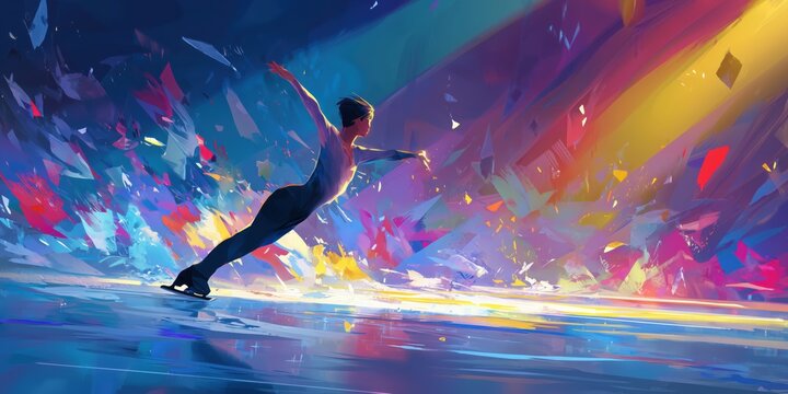 Figure skater in dynamic pose surrounded by colorful explosion of light.
