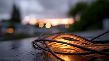 Tangled orange fiber optic cables lie on a wet rooftop at sunset with blurred city lights in the background