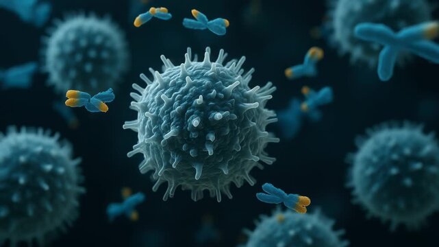 Immunity immunotherapy antibody lymphocyte cell protection showing antibody molecules binding to immune cell conveying medical innovation and hopeful health defense