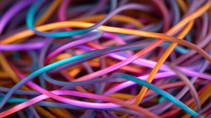 Close up of a tangled mess of vibrant glowing cords in neon colors creating an abstract energetic pattern