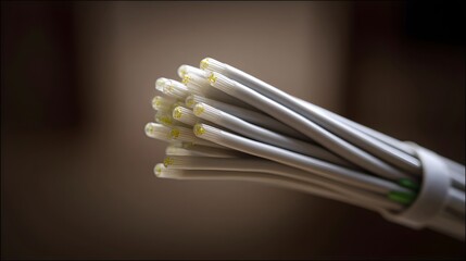 Close up on a bundle of white insulated fiber optic cables with yellow tips representing technology and communication networks