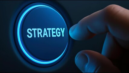 Strategy blue button hand to press Confident business moment with a glowing blue strategy button on a matte dashboard conveying decisive planning energy