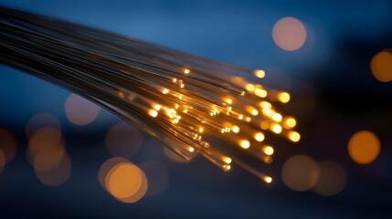 Close up of glowing fiber optic strands against a blurred background of bokeh lights