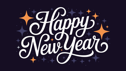 happy new year decorative hand drawn lettering typography with stars and sparkles on dark background for festive celebration design © muhammad