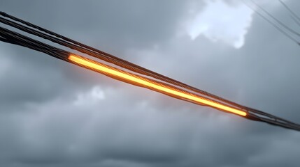 Brightly glowing power line segment illuminates dark cloudy sky symbolizing energetic connection