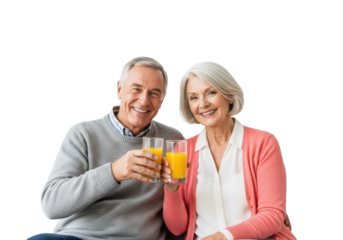 A happy, healthy senior caucasian couple seated on a light sofa, holding vibrant orange juice glasses in a high-key studio, conveying vitality. concept for senior lifestyle advertising