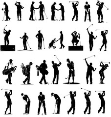 Fototapeta premium Set of golf players vector silhouettes on white background showing various poses from teeing off to putting and carrying bags