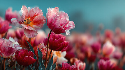 A vibrant field of pink and red tulips in full bloom.