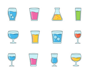 Set of colorful drink glasses and cups icons vector illustration collection for beverages water wine cocktails juice.