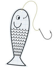 A paper fish, typically used for the April Fool's Day prank, with a fishing hook and line attached. The fish is smiling and winking. (cut out)