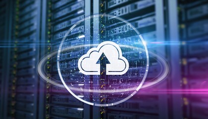 A digital representation of cloud computing, showcasing a cloud icon with data servers in the background, symbolizing data storage and technology.