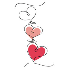 minimal continuous line illustration of three hanging hearts symbolizing love romance and emotional connection in modern simple outline style