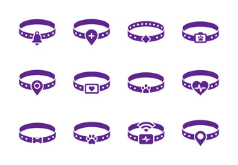 Pet Collar and Smart Tracker Silhouette Flat Vector Icons Set: A Collection of Various Collars with GPS, Health, and Identification Tags for Animals