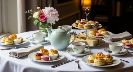 Fototapeta premium Formal table setting displays an elegant arrangement of pastries, finger sandwiches, and hot beverage service