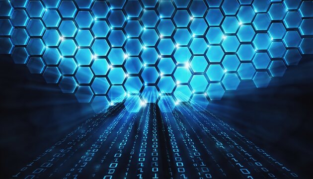 A futuristic abstract design featuring hexagonal shapes and binary code, conveying themes of technology and digital innovation. - Powered by Adobe