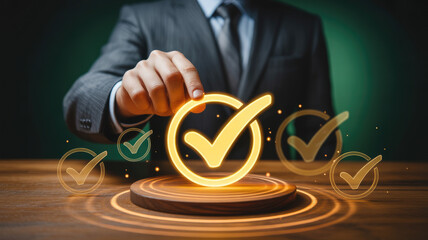 Businessman confirming approval with glowing checkmark