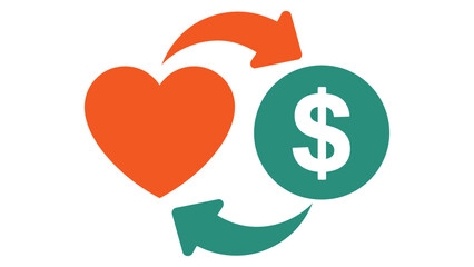flat icon illustration of heart and dollar symbol with circular arrows representing love money balance financial exchange and value relationship concept