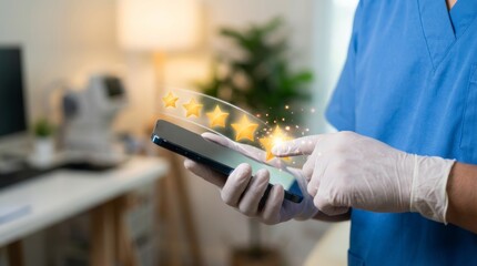 Doctor hand using smartphone with virtual five star rating and heart icons, medical healthcare service quality satisfaction concept and digital patient feedback review experience in clinic.