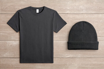 Blank black casual t shirt and beanie hat clothing set. simple apparel template flat lay on wooden table background, perfect for fashion mockup or design presentation