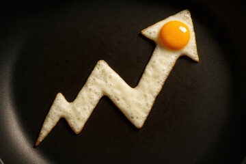 Inflation price cost crisis economy fried egg shaped as a sharp zigzag upward arrow with bright yolk on a dark pan to suggest rising food price and living cost pressure