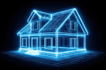 Innovative digital architecture technology showing futuristic blue wireframe house. This glowing blueprint concept represents smart home construction and real estate planning design