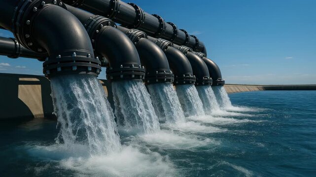 Water pipe reservoir system supply pipes discharge clear water into a reservoir showing industrial water infrastructure conveying clean fresh resource and reliable operation