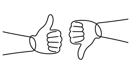 minimal continuous line illustration of thumbs up and thumbs down hands showing approval and disapproval feedback concept in clean outline style