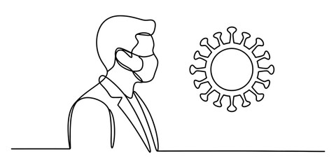 Protection from virus concept with person wearing face mask continuous line art illustration Vector, illustration