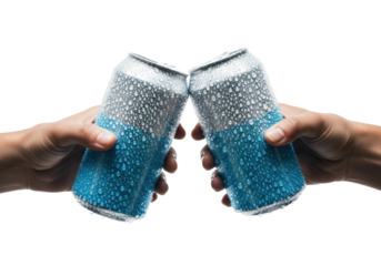 Extreme macro close-up of two diverse human hands clinking heavily frosted aluminum beverage cans (blue/silver) covered in condensation against a brilliant white studio background. Concept for