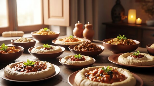 Assorted Mediterranean dishes on wooden table. - Powered by Adobe