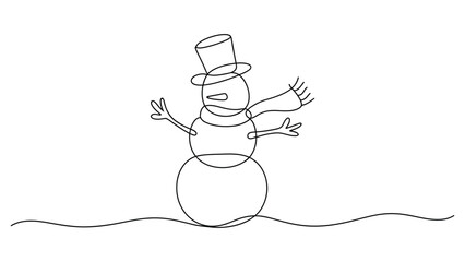 minimal continuous line illustration of cheerful snowman wearing hat and scarf in simple outline style for winter holiday design use