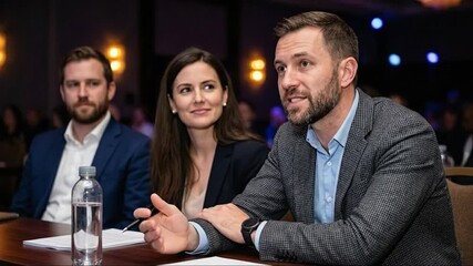 Engaged business professionals in a dynamic discussion at a corporate conference or meeting