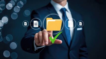 Businessman interacting with digital file management interface