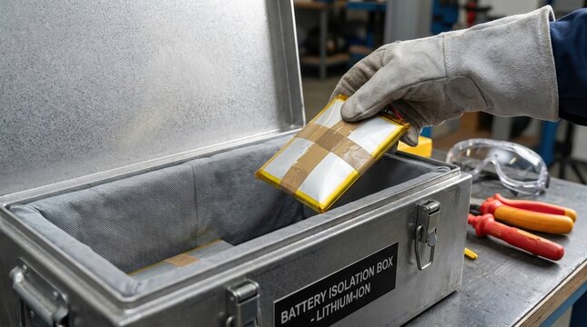 A worker places a lithium-ion battery pack into a safety isolation box, emphasizing proper handling and storage of hazardous materials.