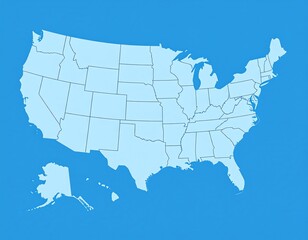 Simplified, light-blue map of a North American country divided into states, set against a vibrant, cyan backdrop