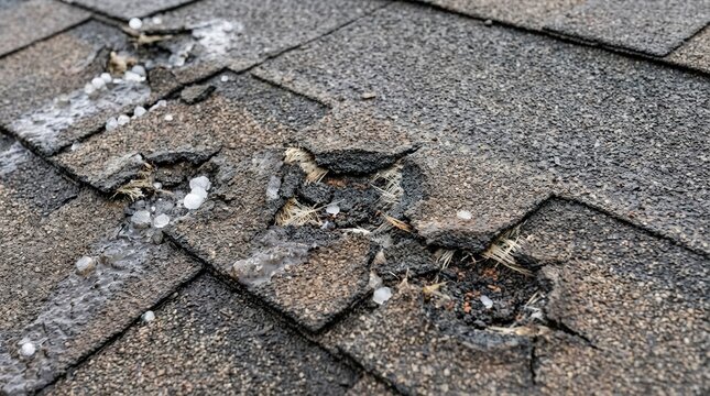 A close-up view of a damaged roof with missing shingles, revealing water damage and wear, likely caused by weather conditions.