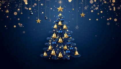 Elegant blue Christmas tree with gold ornaments and star on dark background