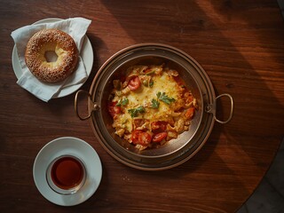 A Shakshuka dish with baked eggs, melted cheese, and tomatoes sits in a rustic copper pan. It is served with a sesame bagel and tea on a vintage wooden table.