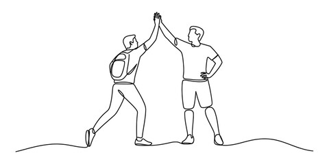 Continuous line art drawing of two men high fiving, celebrating teamwork and success. Vector, illustration