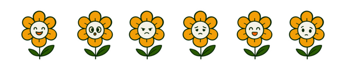 Naklejka premium A set of six cheerful cartoon sunflower characters expressing various emotions like happiness, surprise, anger, and sadness. Fun retro groovy style vector illustrations.