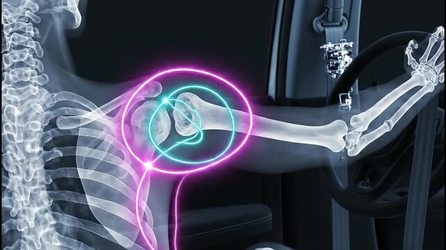 Human shoulder joint X-ray with highlighted pain points and skeletal structure for medical diagnosis.