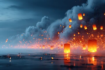 Lantern festival at night with floating warm glowing lanterns, soft reflections on nearby water