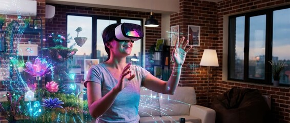 Obraz premium A person interacts with a virtual reality headset, surrounded by vibrant holographic elements in a cozy indoor setting.